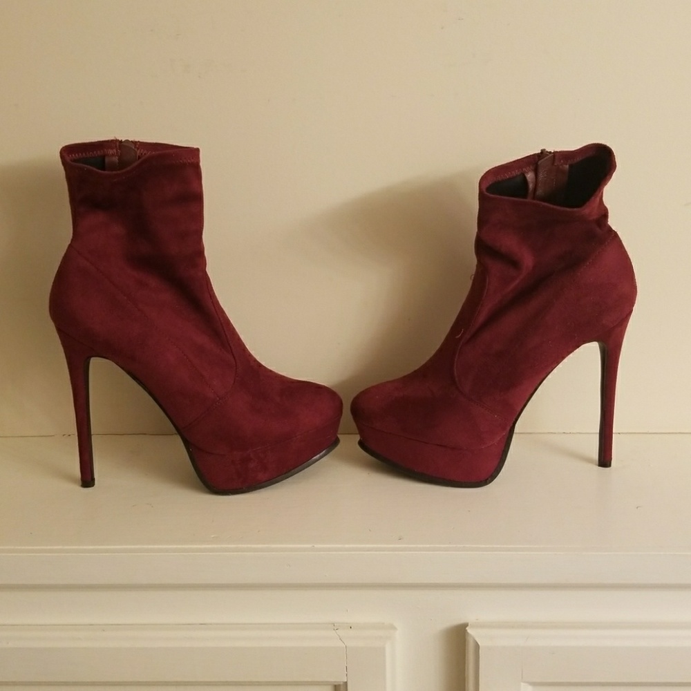 Burgundy suede stiletto booties